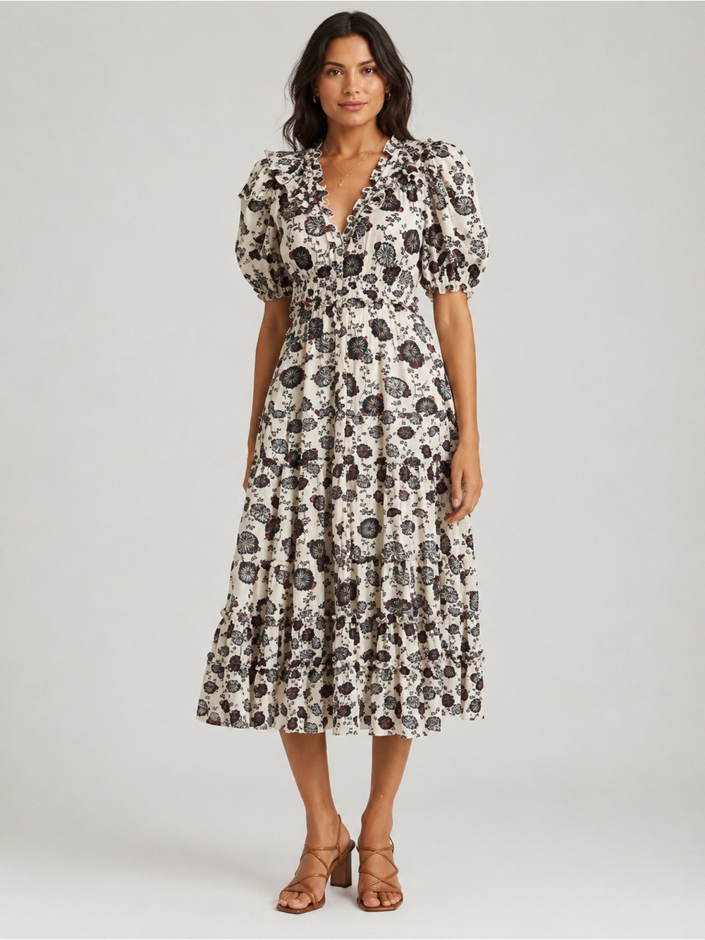 Ulla Johnson Irvette Floral Cotton Blend Beige Brown Sleeve Midi Dress L (14)